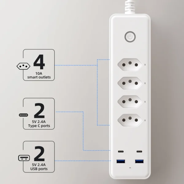 Tomacorriente Inteligente WiFi – 4 Tomas, 2 USB + 2 USB Tipo C, Compatible con Alexa y Google Home - Imagen 3